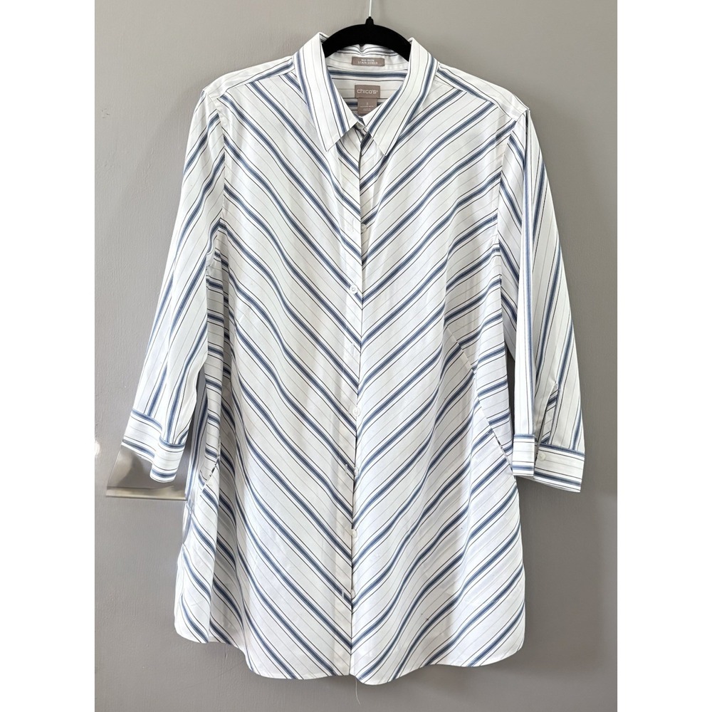 Chicos Button Up Blouse 3 (XL) White Blue Stripe Pockets Office No Iron